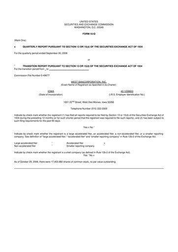 Thumbnail West Bancorporation 10-Q Quarterly Report FY 