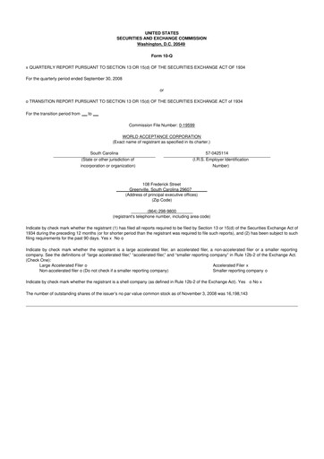 Thumbnail World Acceptance Corporation 10-Q Quarterly Report FY 