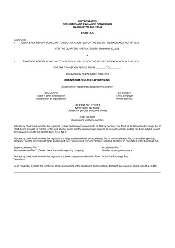 Thumbnail BrainStorm Cell Therapeutics 10-Q Quarterly Report FY 