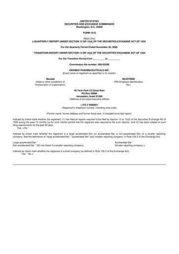 Miniature Oramed Pharmaceuticals 10-Q Rapport trimestriel  