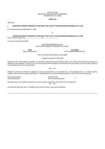 Thumbnail West Bancorporation 10-Q Quarterly Report FY 