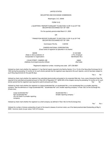 Thumbnail Camden National Corporation
 10-Q Quarterly Report FY 