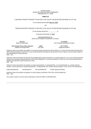 Thumbnail Sandy Spring Bank 10-Q Quarterly Report FY 