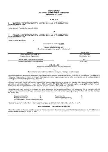 Thumbnail Shore Bancshares 10-Q Quarterly Report FY 
