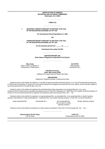 Miniature ConnectOne Bancorp 10-Q Rapport trimestriel  