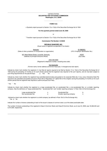 Thumbnail Republic Bank 10-Q Quarterly Report FY 