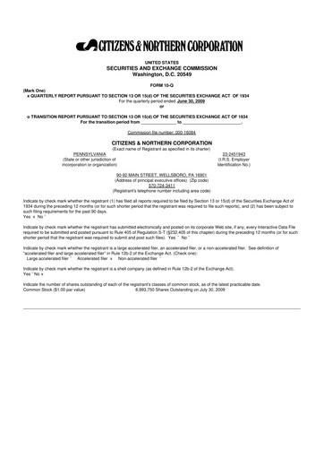 Thumbnail Citizens & Northern Corp 10-Q Quarterly Report FY 