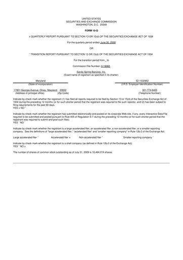 Thumbnail Sandy Spring Bank 10-Q Quarterly Report FY 