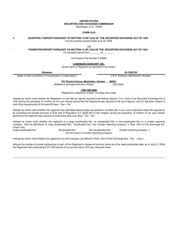 Miniature Landmark Bancorp 10-Q Rapport trimestriel  
