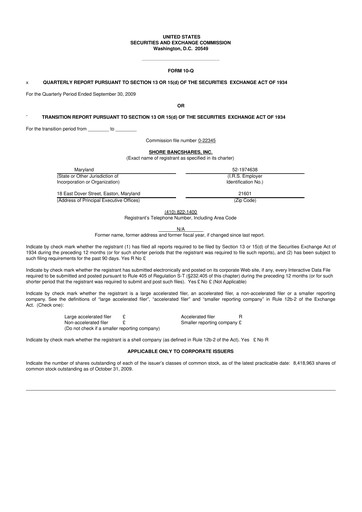 Thumbnail Shore Bancshares 10-Q Quarterly Report FY 