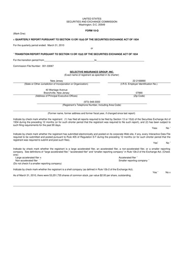 Thumbnail Selective Insurance 10-Q Quarterly Report FY 
