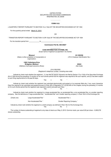 Thumbnail Cass Information Systems 10-Q Quarterly Report FY 