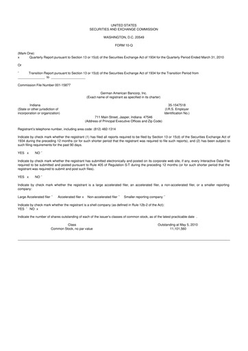 Thumbnail German American Bancorp 10-Q Quarterly Report FY 