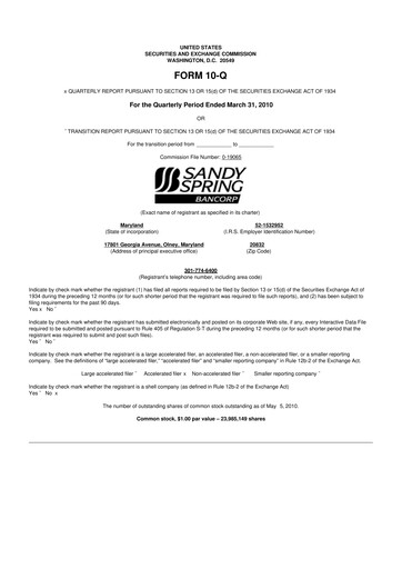 Thumbnail Sandy Spring Bank 10-Q Quarterly Report FY 
