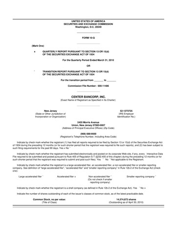 Miniature ConnectOne Bancorp 10-Q Rapport trimestriel  
