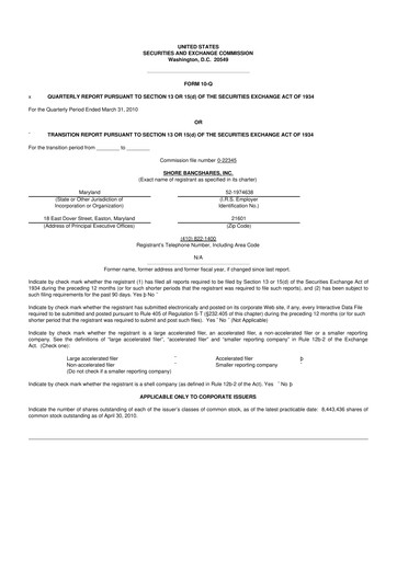 Thumbnail Shore Bancshares 10-Q Quarterly Report FY 