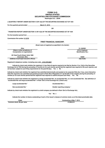 Thumbnail First Financial Bank
 10-Q Quarterly Report FY 