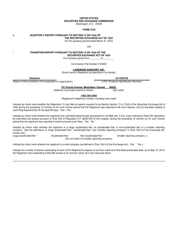 Miniature Landmark Bancorp 10-Q Rapport trimestriel  