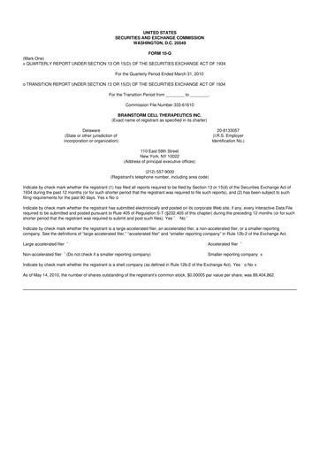Thumbnail BrainStorm Cell Therapeutics 10-Q Quarterly Report FY 