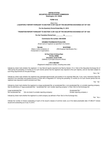 Miniature Oramed Pharmaceuticals 10-Q Rapport trimestriel  