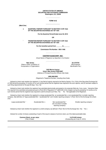 Miniature ConnectOne Bancorp 10-Q Rapport trimestriel  