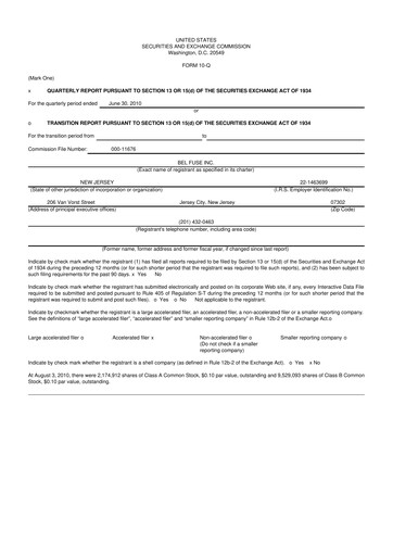 Thumbnail Bel Fuse 10-Q Quarterly Report FY 