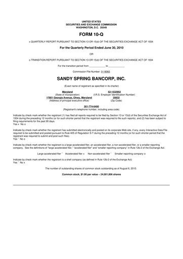 Thumbnail Sandy Spring Bank 10-Q Quarterly Report FY 