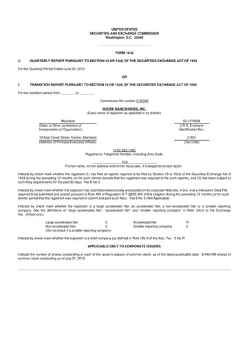 Thumbnail Shore Bancshares 10-Q Quarterly Report FY 