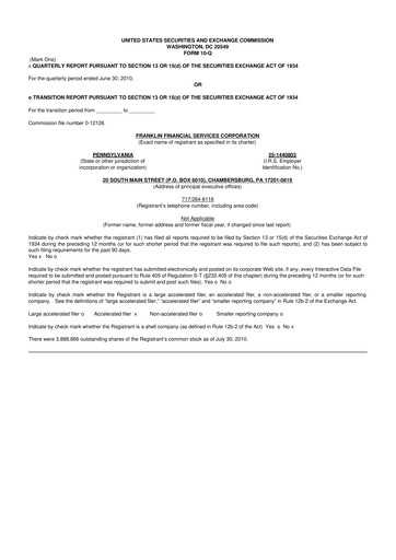 Thumbnail Franklin Financial Services Corporation 10-Q Quarterly Report FY 