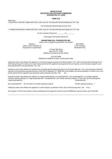 Thumbnail BrainStorm Cell Therapeutics 10-Q Quarterly Report FY 