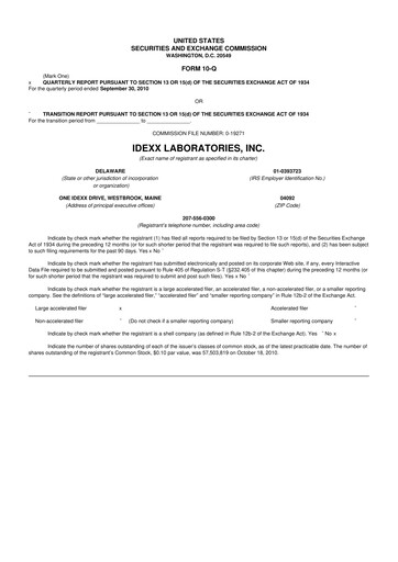 Miniature IDEXX Laboratories 10-Q Rapport trimestriel 2010 
