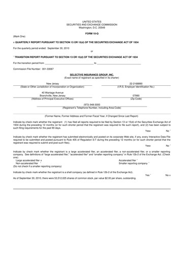 Thumbnail Selective Insurance 10-Q Quarterly Report FY2010 