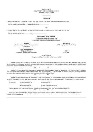 Thumbnail Cass Information Systems 10-Q Quarterly Report FY 