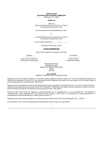 Thumbnail Clarus
 10-Q Quarterly Report FY 