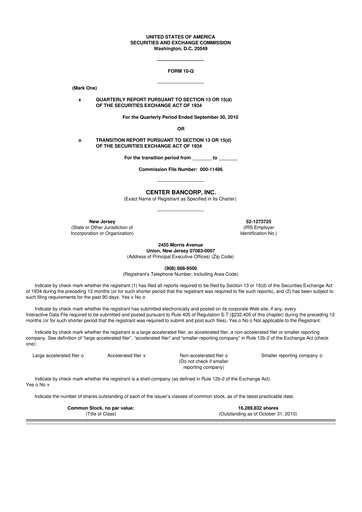 Miniature ConnectOne Bancorp 10-Q Rapport trimestriel  