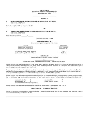 Thumbnail Shore Bancshares 10-Q Quarterly Report FY 