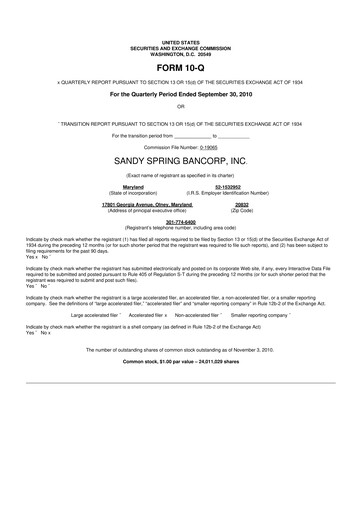 Thumbnail Sandy Spring Bank 10-Q Quarterly Report FY 