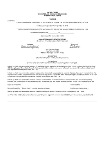 Thumbnail BrainStorm Cell Therapeutics 10-Q Quarterly Report FY 