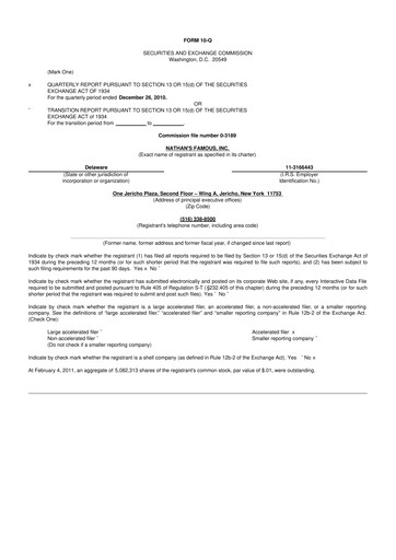 Miniature Nathan's Famous 10-Q Rapport trimestriel  