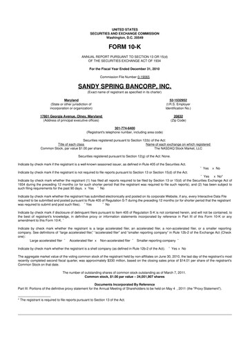 Thumbnail Sandy Spring Bank 10-K Annual Report 