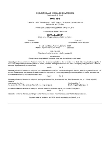 Thumbnail Sierra Bancorp
 10-Q Quarterly Report FY 