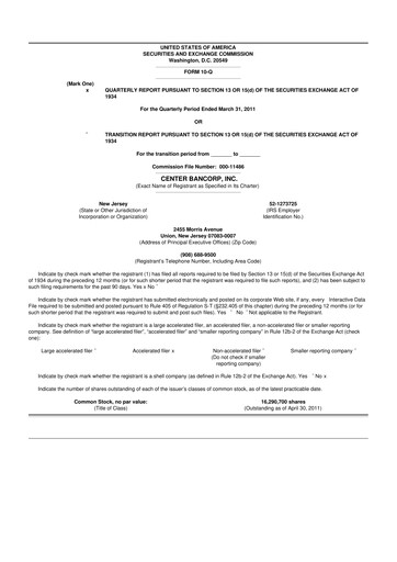 Miniature ConnectOne Bancorp 10-Q Rapport trimestriel  