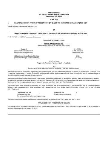 Thumbnail Shore Bancshares 10-Q Quarterly Report FY 