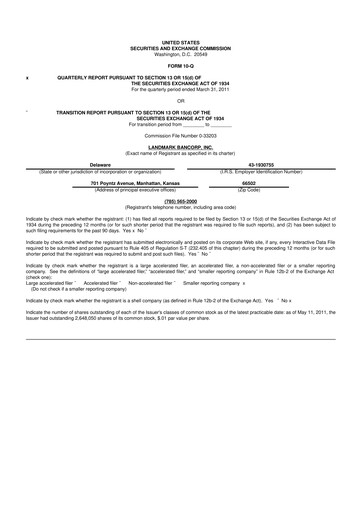 Miniature Landmark Bancorp 10-Q Rapport trimestriel  