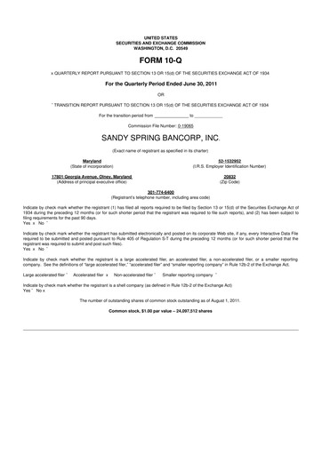 Thumbnail Sandy Spring Bank 10-Q Quarterly Report FY2011 