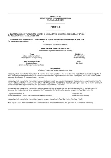 Thumbnail Benchmark Electronics
 10-Q Quarterly Report FY2011 