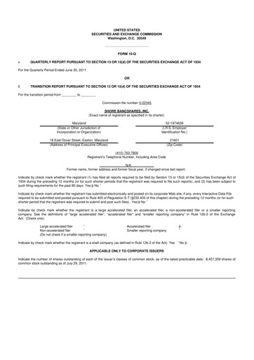 Thumbnail Shore Bancshares 10-Q Quarterly Report FY2011 