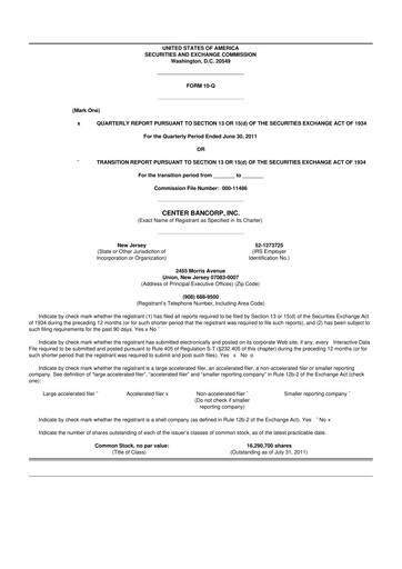 Miniature ConnectOne Bancorp 10-Q Rapport trimestriel 2011 