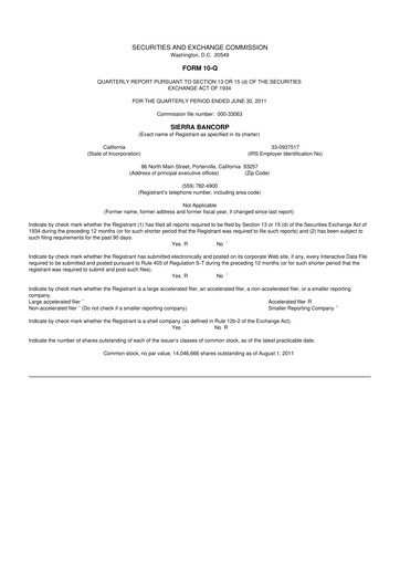 Thumbnail Sierra Bancorp
 10-Q Quarterly Report FY2011 