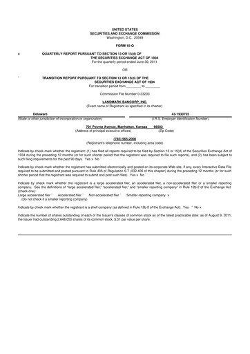 Miniature Landmark Bancorp 10-Q Rapport trimestriel 2011 